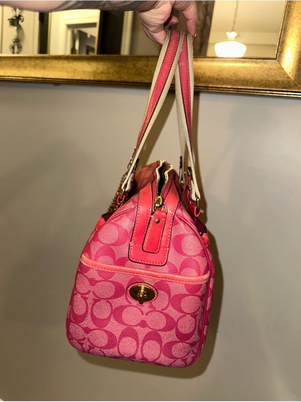 Coach Pink Signature Stripe Satchel with Cream Accents - Picture 4 of 8